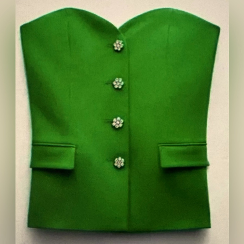 NWT Zara Green Strapless Top with Floral Diamond Buttons (Medium)